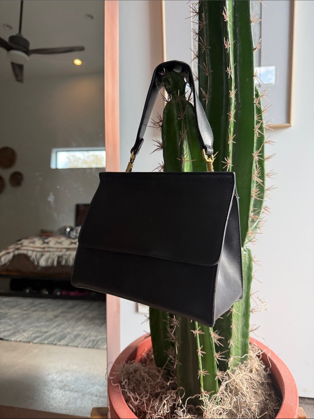 Classic Black Leather Top-Handle Bag